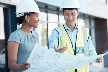 Image showing Architecture, blueprint and construction site with building contractor, manager and industrial designer planning logistics, property development and project. Floor plan, city engineering and teamwork