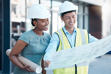 Image showing Architecture, construction engineers or designers with blueprint paper talking or planning office building design. Smile, happy and property teamwork collaboration with real estate innovation vision