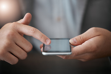 Image showing Zoom of hands, businessman with phone or 5g network for networking, communication or typing email text or message. Chicago, mobile or smartphone for contact us search, internet or social media app.