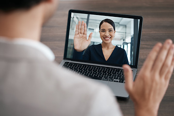 Image showing Video call, laptop screen and people business meeting for virtual discussion, international manager update or client b2b collaboration. Corporate woman hello hand in zoom call with laptop technology