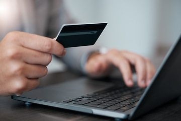 Image showing Man hands, laptop and ecommerce credit card business payment technology. Customer check digital banking app, secure bank payment and online retail shopping internet or 5g fintech trading