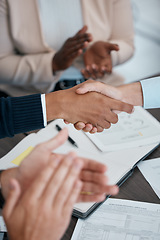 Image showing Deal, contract and handshake with business people in partnership for thank you, welcome or onboarding meeting. B2b, collaboration and success with hands of employee for trust, goals and innovation