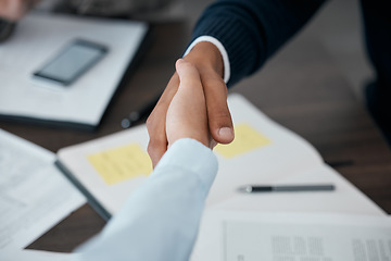 Image showing Handshake, business and partnership agreement or office welcome in conference room after meeting. Professional people, hand and corporate collaboration of team, teamwork and b2b paperwork.