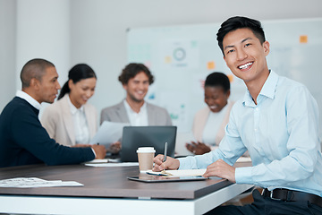 Image showing Businessman, paper writing or happy intern in digital marketing meeting, global creative startup or advertising company. Employee portrait, smile or motivation worker in teamwork collaboration office