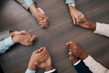 Image showing Teamwork, collaboration and business people holding hands before meeting in the office. Diversity, team and support in corporate business with men and women employees connected together in circle