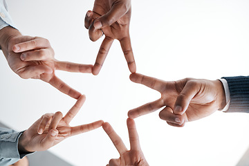 Image showing Support, community and peace sign with hands of business people in collaboration for networking, mission and vision. Goals, teamwork and innovation with star and fingers of employee for partnership