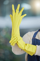 Image showing Woman, hands or cleaning gloves for home cleaner, housekeeping service maid or worker. Zoom on healthcare safety, security or rubber protection for medical spring clean, virus or bacteria maintenance