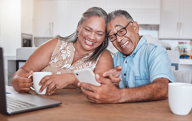 Image showing Communication, video call and phone with old couple in kitchen for networking, relax and social media in the morning. Contact, smile and retirement with man and woman with digital, internet and app