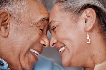 Image showing Love, senior couple and happy together, care, relationship support and relaxed retirement bonding. Elderly funny man and woman happy face, sweet relax smile and laughing in home