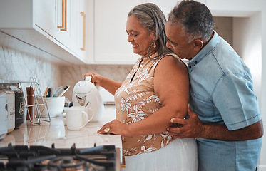 Image showing Love, hug and senior couple smile in kitchen with coffee, talking and together in morning. Happy family, relax and retirement by elderly man and woman enjoy conversation, care and pension lifestyle