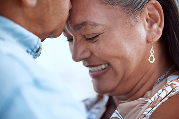 Image showing Elderly, couple kiss and love, happy together with peace and trust in romantic closeup. Mature man and woman in tender, content and intimate moment, smile and support during retirement.