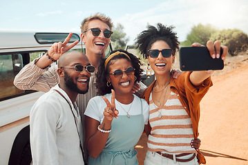 Image showing Diversity, selfie and friends on road trip adventure in a countryside taking a picture on phone. Travel, holiday and group of people with smartphone, car and smile on faces, happy on nature vacation