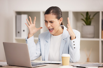 Image showing Stress, glitch and angry woman on laptop working in office, 404 and bad internet delay. Anger, frustrated and annoyed employee suffering from anxiety and pressure while trying to meet online deadline