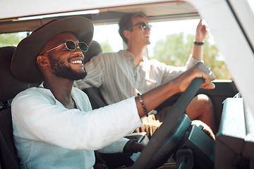 Image showing Travel, driving and road trip friends men in caravan for summer nature adventure, holiday or vacation journey. Diversity people drive together with sunglasses in a car or van transport in countryside