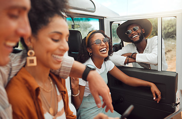 Image showing Road trip, friends and travel with a man and woman group laughing or joking while sitting in a car outdoor in nature. Happy, holiday and transport with a friend group having fun during an adventure