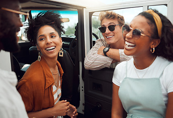 Image showing Diversity friends relax during car road trip for travel journey, open road freedom and fun holiday adventure to Australia. Driving SUV van, transportation and happy young group of people on vacation