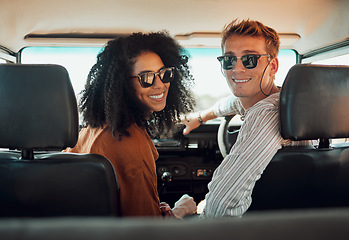 Image showing Couple, travel and adventure, happy in car on roadtrip during summer vacation for bonding and healthy relationship. Young man and black woman, transportation and romantic date together in portrait.