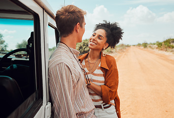 Image showing Love couple, travel and smile for road trip in the countryside on desert vacation in nature. Happy man and woman smiling for relationship traveling and adventure for holiday bonding in the outdoors