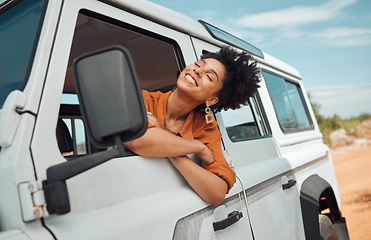 Image showing Relax black woman on road trip, happy with view of desert and transport in jeep or car on holiday in Cairo. Travel adventure drive, smile in summer vacation and explore freedom of nature in the sun