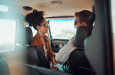 Image showing Happy, smile and couple in conversation while on road trip vacation with car in summer. Happiness, freedom and interracial man and woman on travel holiday, outdoor adventure or journey in countryside