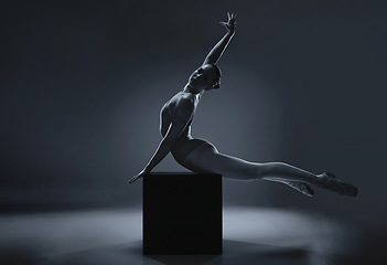 Image showing Dance, creative and ballerina with jump in performance against black studio background. Shadow of ballet woman and dancer dancing in theater art production, show or competition with mock up space