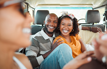 Image showing Couple, travel and happy on vacation road trip with friends, excited, laughing and bonding together in camper. Funny relax, married black man and woman comic jokes while traveling in car