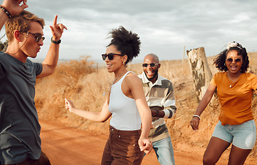 Image showing Adventure, dance and friends celebration for travel holiday, nature road trip or outdoor wellness lifestyle with sunglasses. Excited, happy and freedom group of people dancing in a countryside party