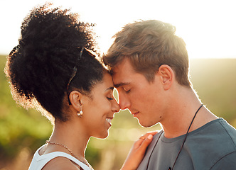 Image showing Embrace, love and interracial couple on holiday in nature, happy in marriage and smile for summer in the countryside of France. Man and woman in happiness together with affection on vacation