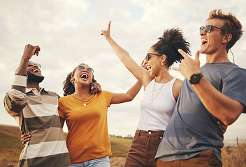 Image showing Friends, freedom and fun with a man and woman group laughing or joking while on summer vacation in nature. Happy, funny and fun with friendship, travel and affection between young people outdoor