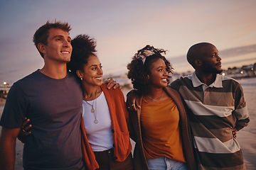 Image showing Friends group at sunset, travel and adventure together at the beach, bonding during summer and traveling lifestyle. Happy, diverse young people on holiday with view, trust and support in outdoors.