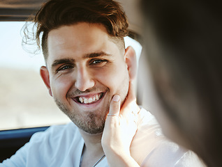 Image showing Couple, man and face touch in car with girlfriend for gratitude and care on road trip together. Woman touching cheek of happy boyfriend with real smile for intimate moment on travel journey.