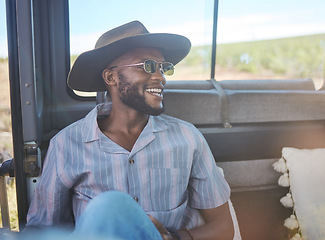 Image showing Comic, happy and black man on a road trip in van during holiday on the countryside of California. Thinking, relax and free person with smile in car during vacation in nature for travel and adventure