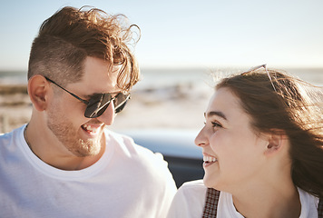 Image showing Love, happy couple on a beach holiday and smile with freedom on road trip in summer by ocean together. Loving man, caring woman laugh and enjoy bonding on romantic sea vacation adventure in Bali sun