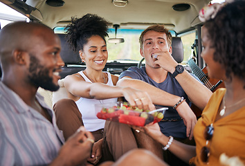 Image showing Diversity, food and friends on road trip with fruit while on holiday vacation eating watermelon, grapes and strawberry. Happy and hungry young men and women enjoying healthy fresh organic produce