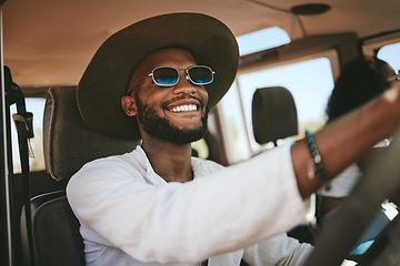 Image showing Travel, road trip and happy black man driving a caravan on a summer vacation, journey or adventure. Happiness, freedom and African guy with a smile on a drive to a holiday destination in