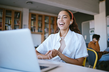 Image showing Woman, laptop and earphones in library video call, elearning or studying. Education, online lecture or female from Brazil in university in webinar training, educational class or college course on pc