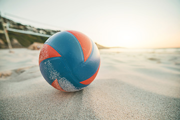 Image showing Beach sand, ball and volleyball games at tropical ocean, sunshine nature and sea landscape in Miami, Florida. Closeup empty shore, summer team sports training and action fitness for energy outdoors