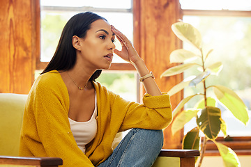 Image showing Sad, depressed and thinking woman with mental health problems and anxiety in home. Latino female in depression, stress and fear feeling frustrated, mistake and tired of life living alone in a house