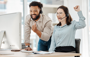 Image showing Crm customer support success and internet help workers celebration on a online consultation. Happy contact us call center employees working and celebrating digital tech service consulting winner