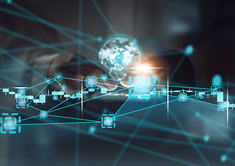 Image showing Networking, digital transformation and phone with hands of woman for global internet, communication and technology abstract. Social media, contact and innovation with data and globe cloud computing