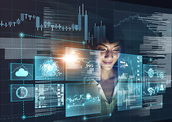 Image showing Cloud computing, overlay and woman trading on stock market with a financial strategy via wifi internet connection. Cryptocurrency, analytics and trader doing data analysis to check investment growth