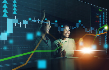 Image showing Success, digital and stock market with women growth of financial trading for cryptocurrency, forex or economy. Analytics, investment and chart of future finance marketing with employees and goals