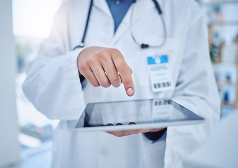 Image showing Hands, tablet and healthcare with a doctor doing research or a search on the internet while working in a hospital. Medical, innovation and technology with a medicine professional at work in a clinic