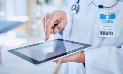 Image showing Doctor, hands and tablet research for medical news update on app at professional hospital. Healthcare expert on website for medicine breakthrough information at office with screen mockup.