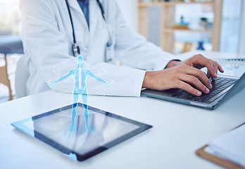 Image showing Doctor typing, laptop and tablet hologram, futuristic body graphic or ai. Health, healthcare and man with future cyber tech, pc or computer working on research on digital, 3d or holographic gadget.