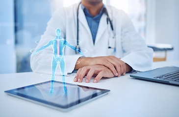 Image showing Hands, tablet and hologram with a doctor in healthcare for help, trust or diagnosis while using a 3d ux dashboard in his office. Digital, futuristic x ray and medicine with a male surgeon in a clinic