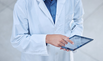 Image showing Doctor hands, man and tablet mockup with test data analysis, lab information or healthcare insurance application. Zoom, medical trust and hospital worker and technology for wellness medicine research