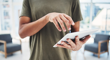 Image showing Tablet, working and business man in a digital tech company office using technology. Seo, big data and web logistics strategy of an IT startup employee planning a internet code for innovation growth