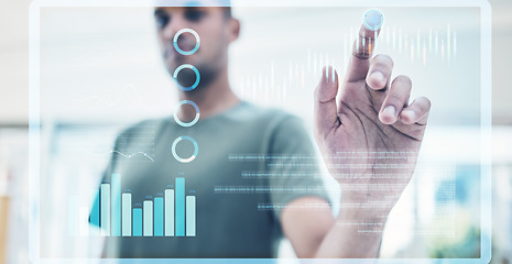 Image showing 3D futuristic hologram screen with hand with graph and chart technology for digital marketing. Icon with future cyber cloud computing, digital transformation and internet iot network on web or ai