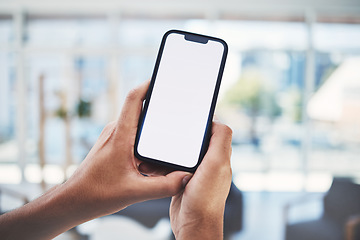 Image showing Smartphone, screen mock up and business hands for mobile app, digital marketing or social media advertising in office bokeh. Corporate cellphone for software technology, logo or website mockup space